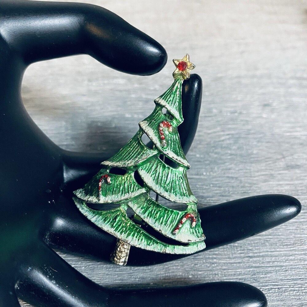 Vintage Signed BJ Gold Tone Metallic Enamel Candy Cane Christmas Tree Brooch